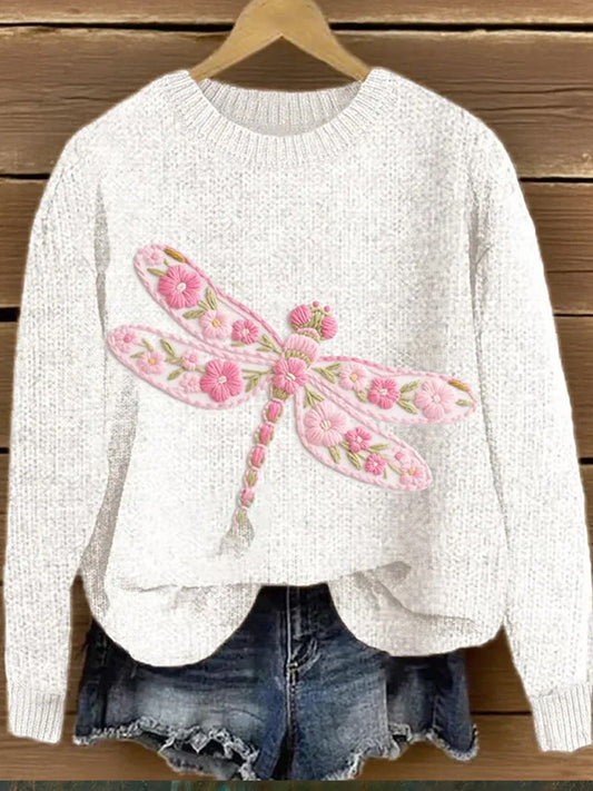 Damski różowy kwiatowy sweter z dzianiny Dragonfly haftowany