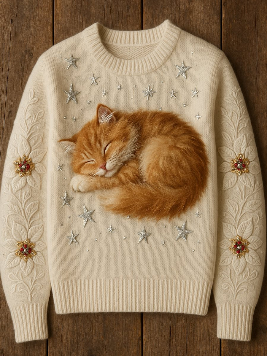 Damski słodki kot artystyczny drukowany na co dzień sweter z dekoltem