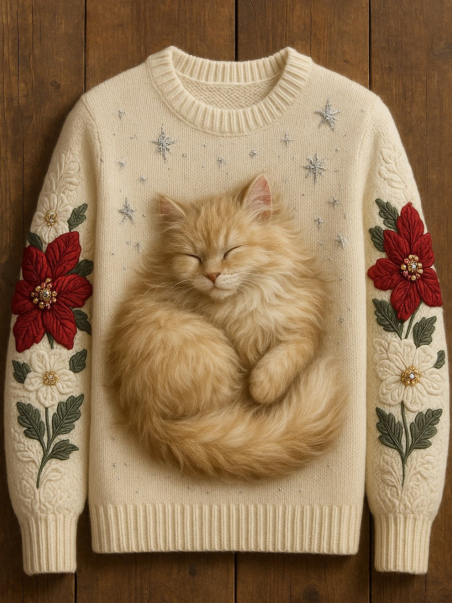 Damski słodki kot artystyczny drukowany na co dzień sweter z dekoltem
