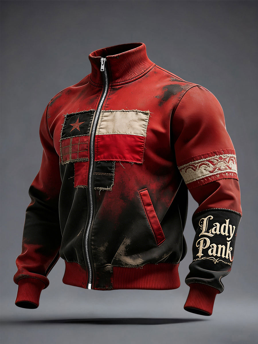 Retro polska flaga rockowa na co dzień Stojący kołnierz Kurtka na zamek błyskawiczny