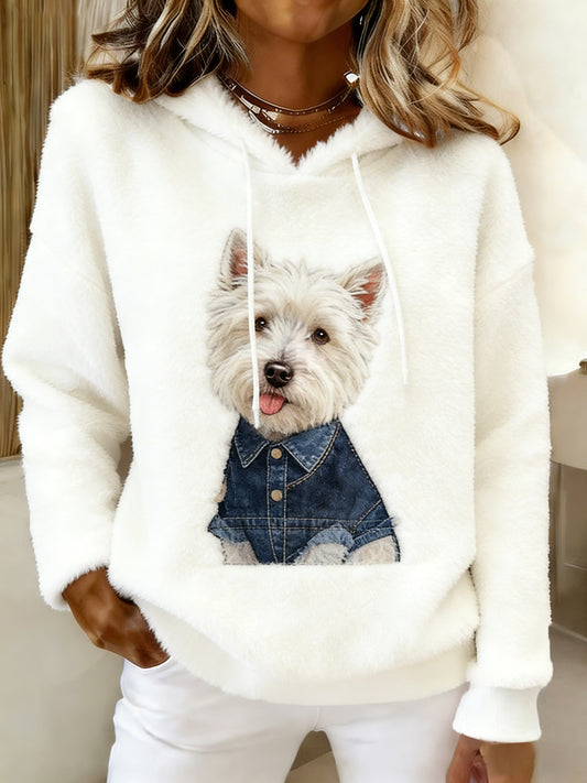 Damska wygodna flanelowa bluza z kapturem Retro Animal Art Print