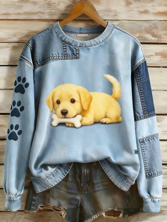 Damska bluza z długim rękawem w stylu retro Patchwork Animal Art Print Casual Comfort