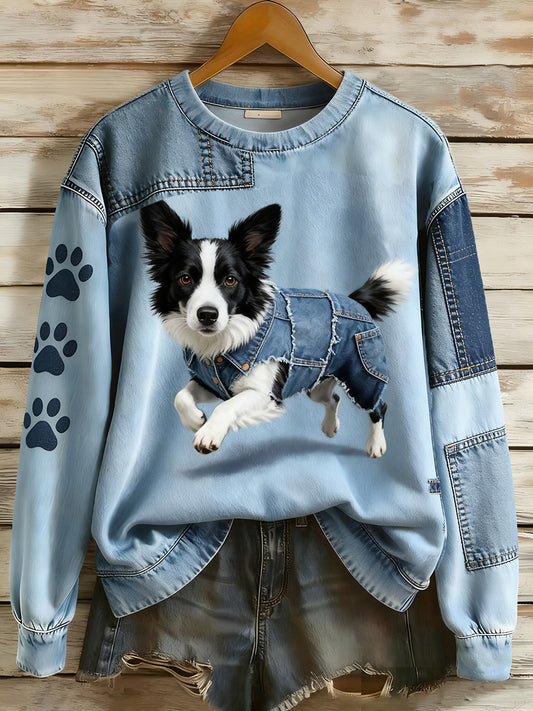 Damska bluza z długim rękawem w stylu retro Patchwork Animal Art Print Casual Comfort