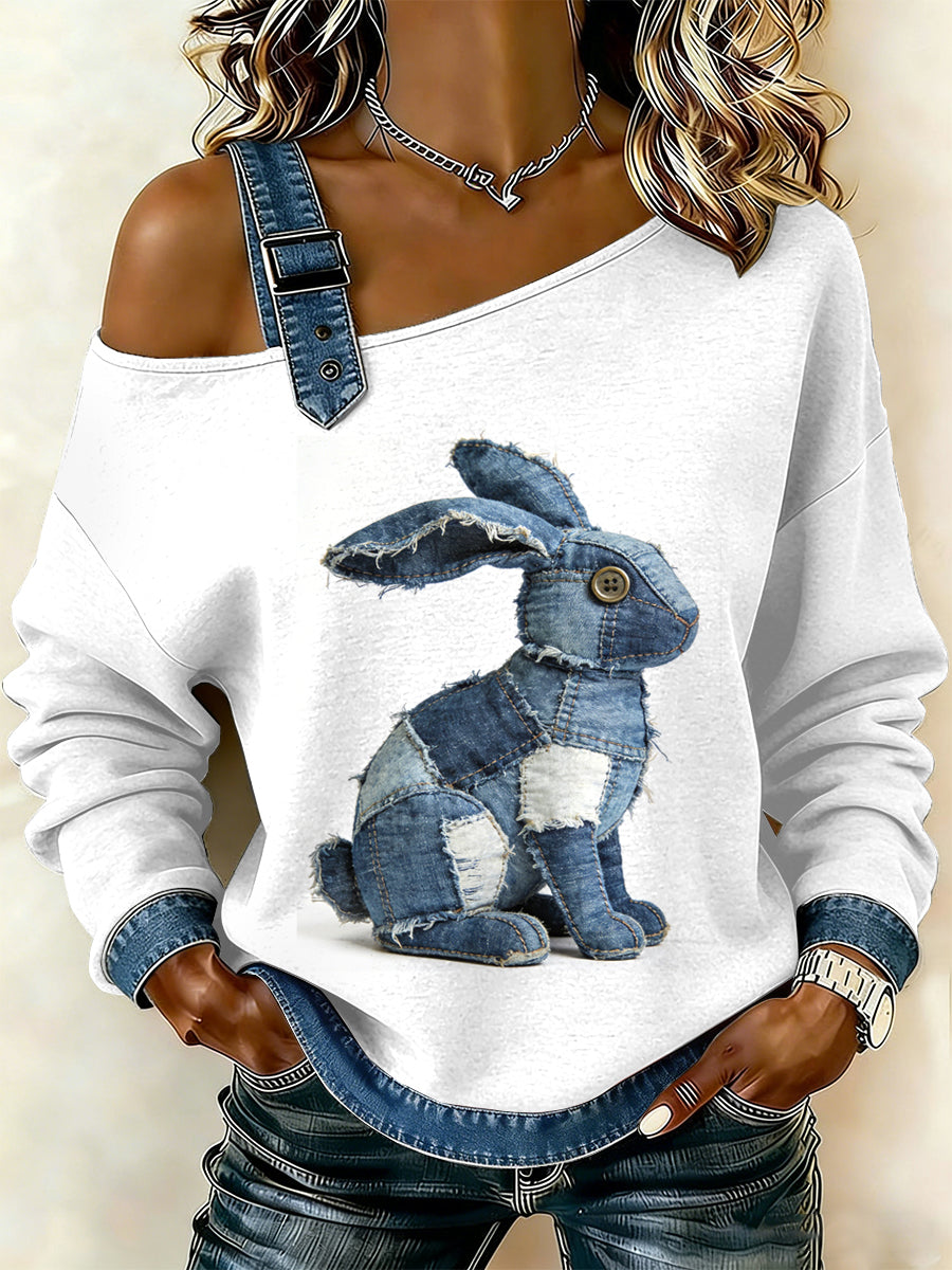 Damska bluza z motywem patchworku w stylu vintage z królikiem