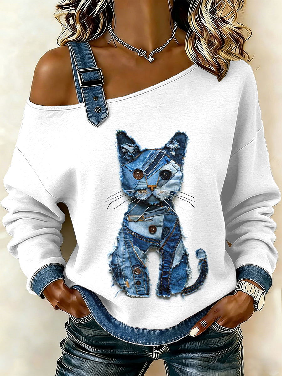 Damska bluza z motywem patchworku w stylu vintage Cat