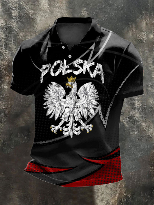 Męska polska koszulka polo z orłem i typografią w trudnej sytuacji