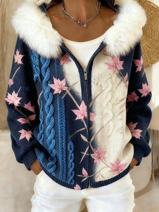 Damski retro kwiatowy wygodny pluszowy sweter z kapturem