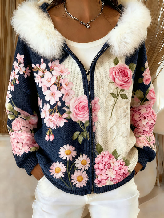 Damski retro kwiatowy wygodny pluszowy sweter z kapturem