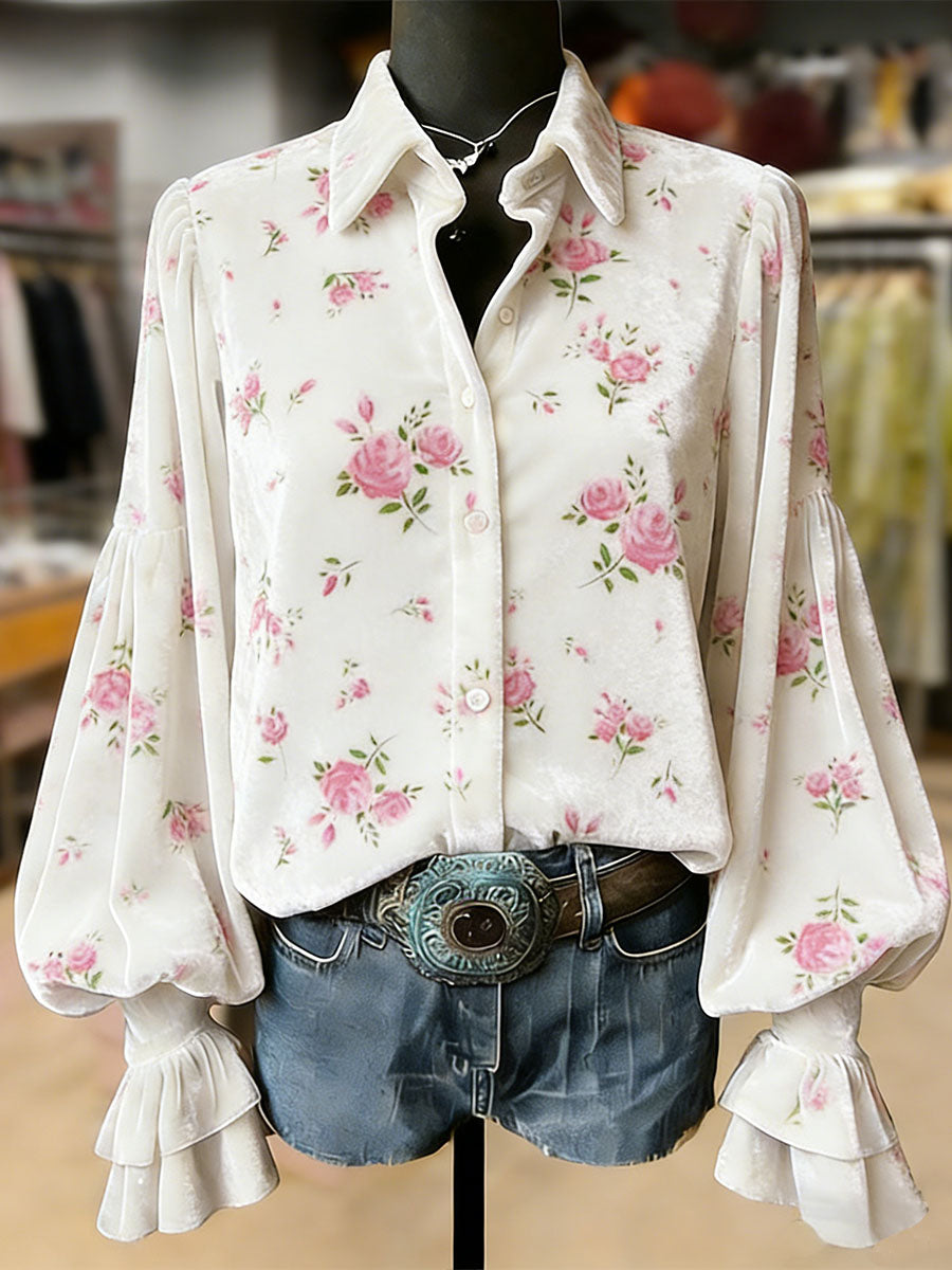 Damskie Retro Rośliny Kwiaty Nadruk Artystyczny Top Z Długim Rękawem