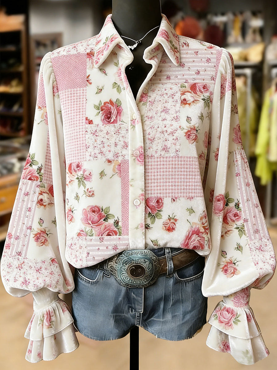 Damskie Retro Rośliny Kwiaty Nadruk Artystyczny Top Z Długim Rękawem