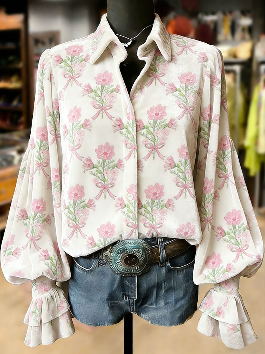Damskie Retro Rośliny Kwiaty Nadruk Artystyczny Top Z Długim Rękawem