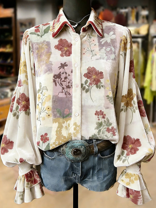 Damskie Retro Rośliny Kwiaty Nadruk Artystyczny Top Z Długim Rękawem