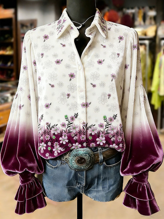 Damskie Retro Rośliny Kwiaty Nadruk Artystyczny Top Z Długim Rękawem