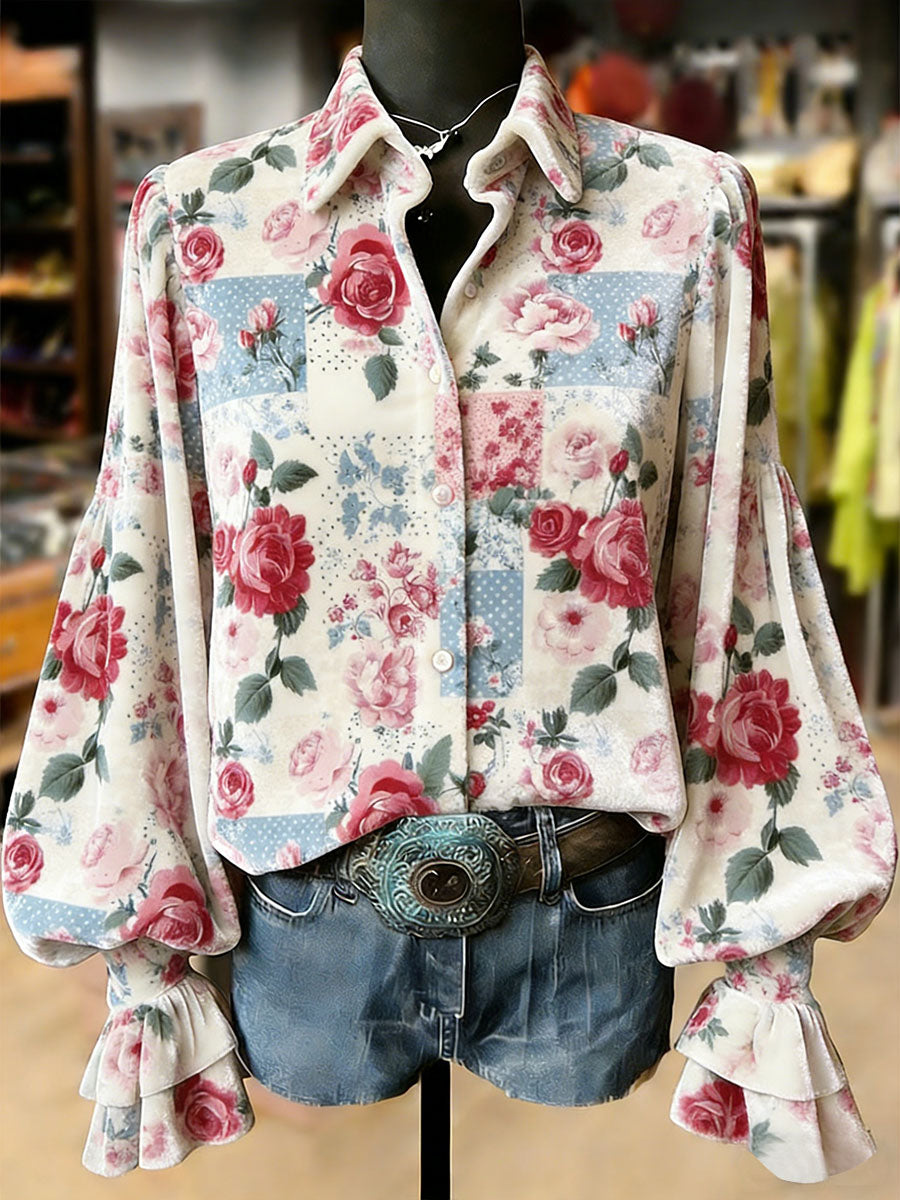 Damskie Retro Rośliny Kwiaty Nadruk Artystyczny Top Z Długim Rękawem