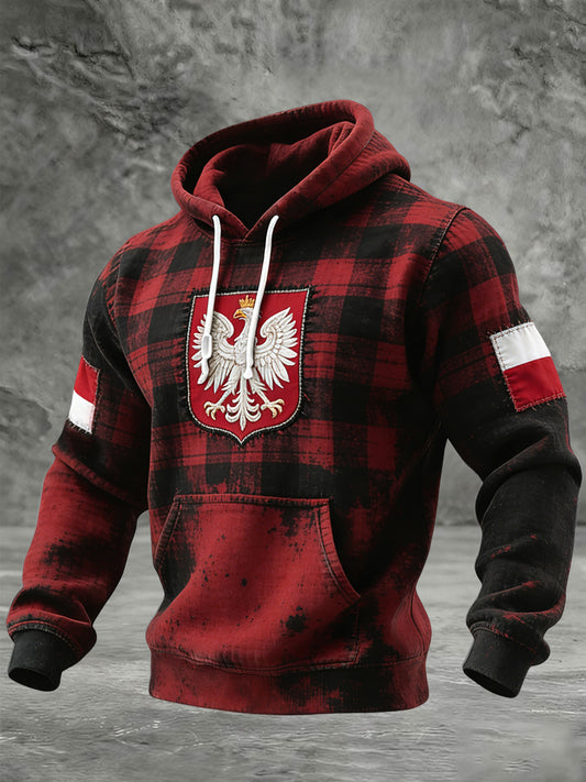 Retro polska flaga Patchwork Plaid Casual Waffle Bluza z kapturem