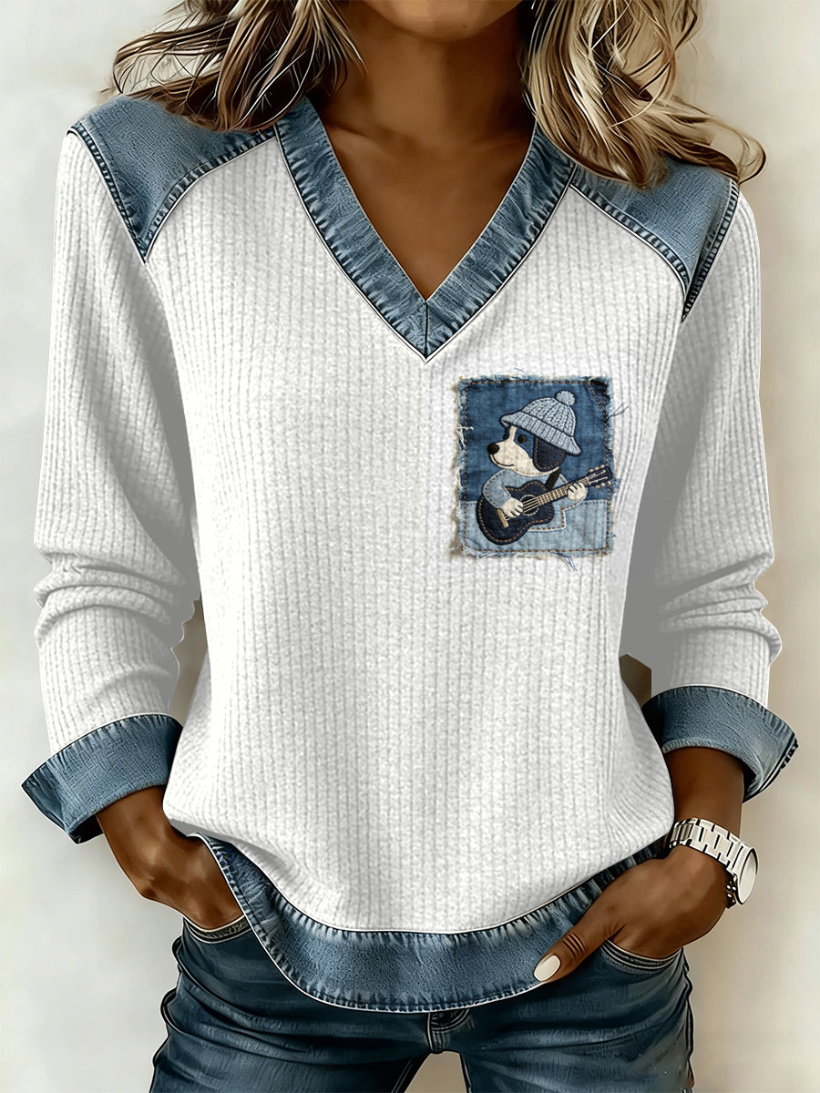 Damska bluza z nadrukiem patchworku w stylu vintage z dekoltem w szpic