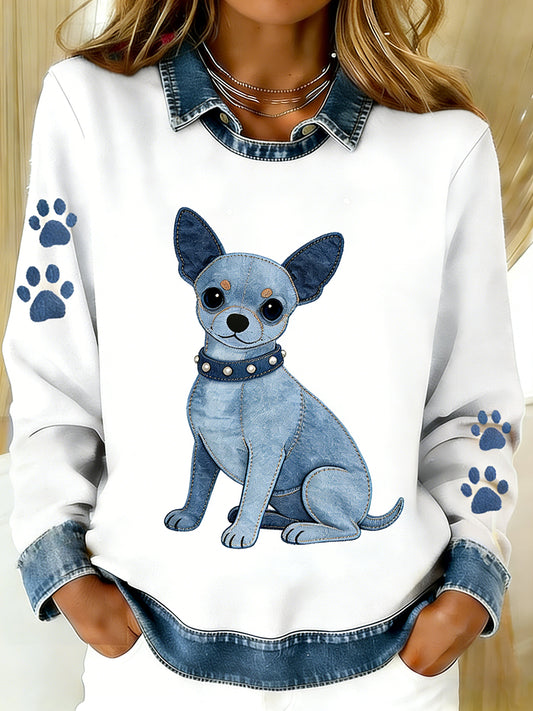 Damski Vintage Denim Patchwork Top z nadrukiem w stylu zwierzęcym, swobodny i wygodny