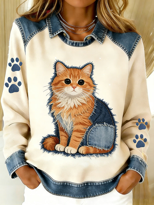 Damski Vintage Denim Patchwork Top z nadrukiem w stylu zwierzęcym, swobodny i wygodny