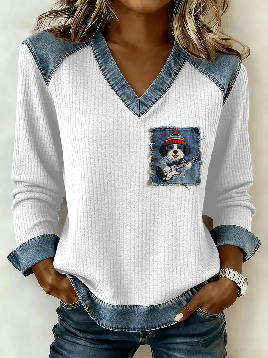 Damska bluza z nadrukiem patchworku w stylu vintage z dekoltem w szpic