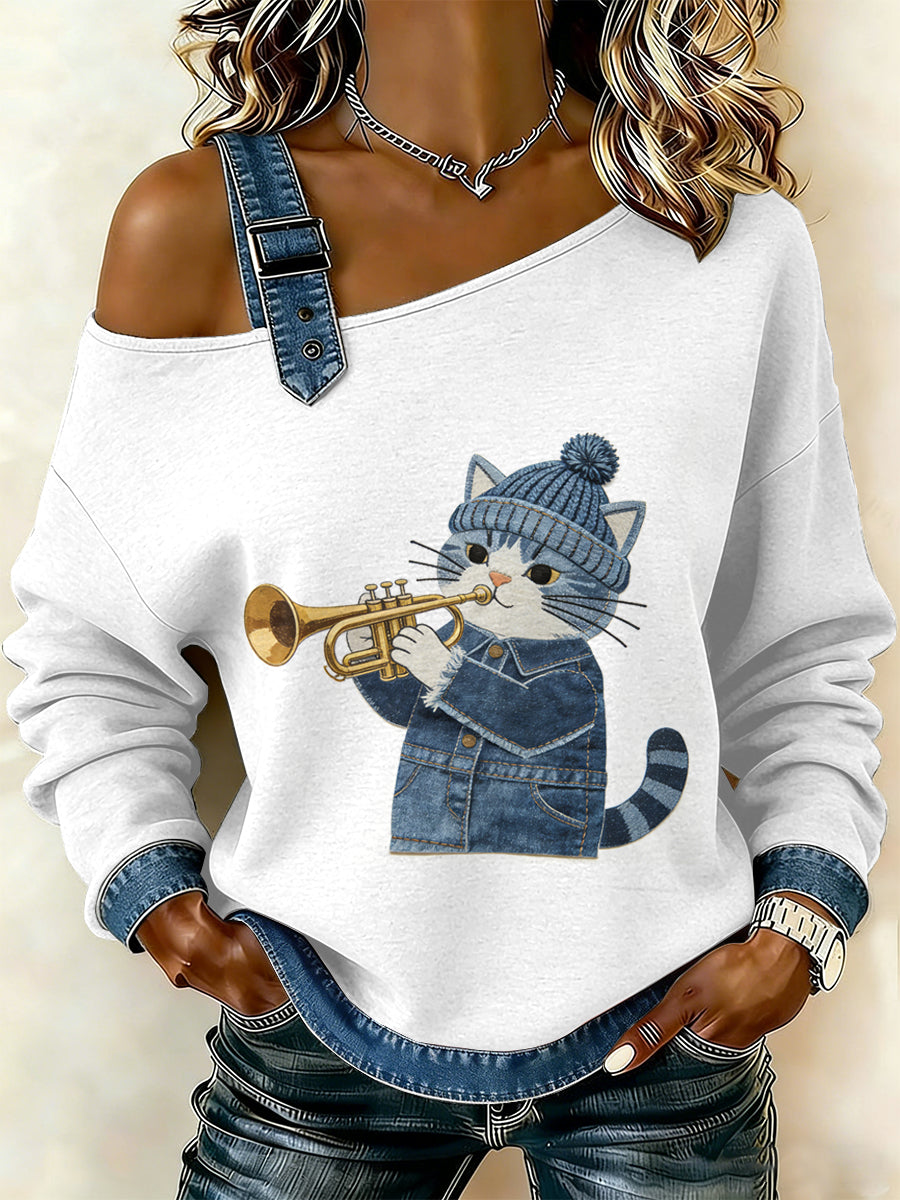 Damska bluza z motywem patchworku w stylu vintage Cat