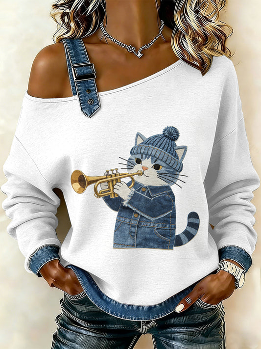 Damska bluza z motywem patchworku w stylu vintage Cat