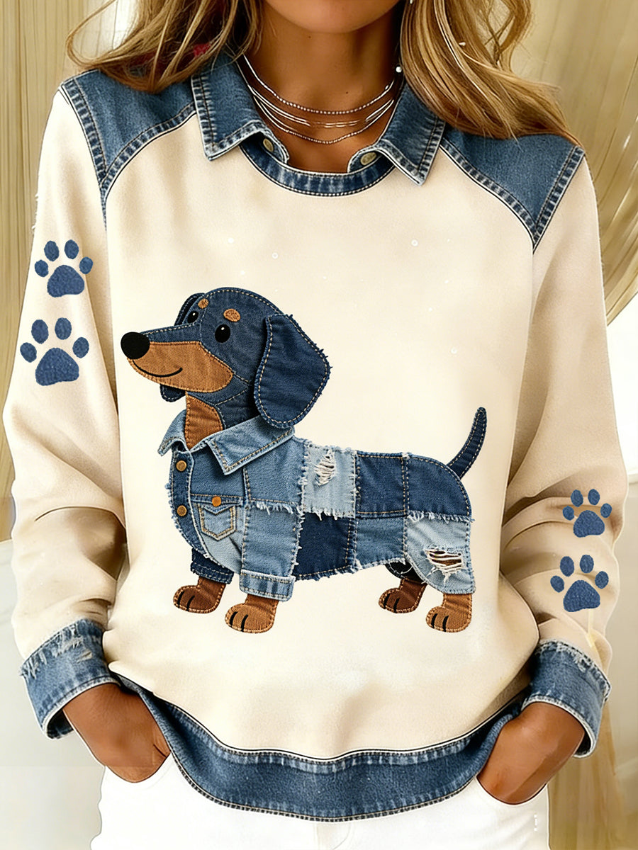 Damski Vintage Denim Patchwork Top z nadrukiem w stylu zwierzęcym, swobodny i wygodny