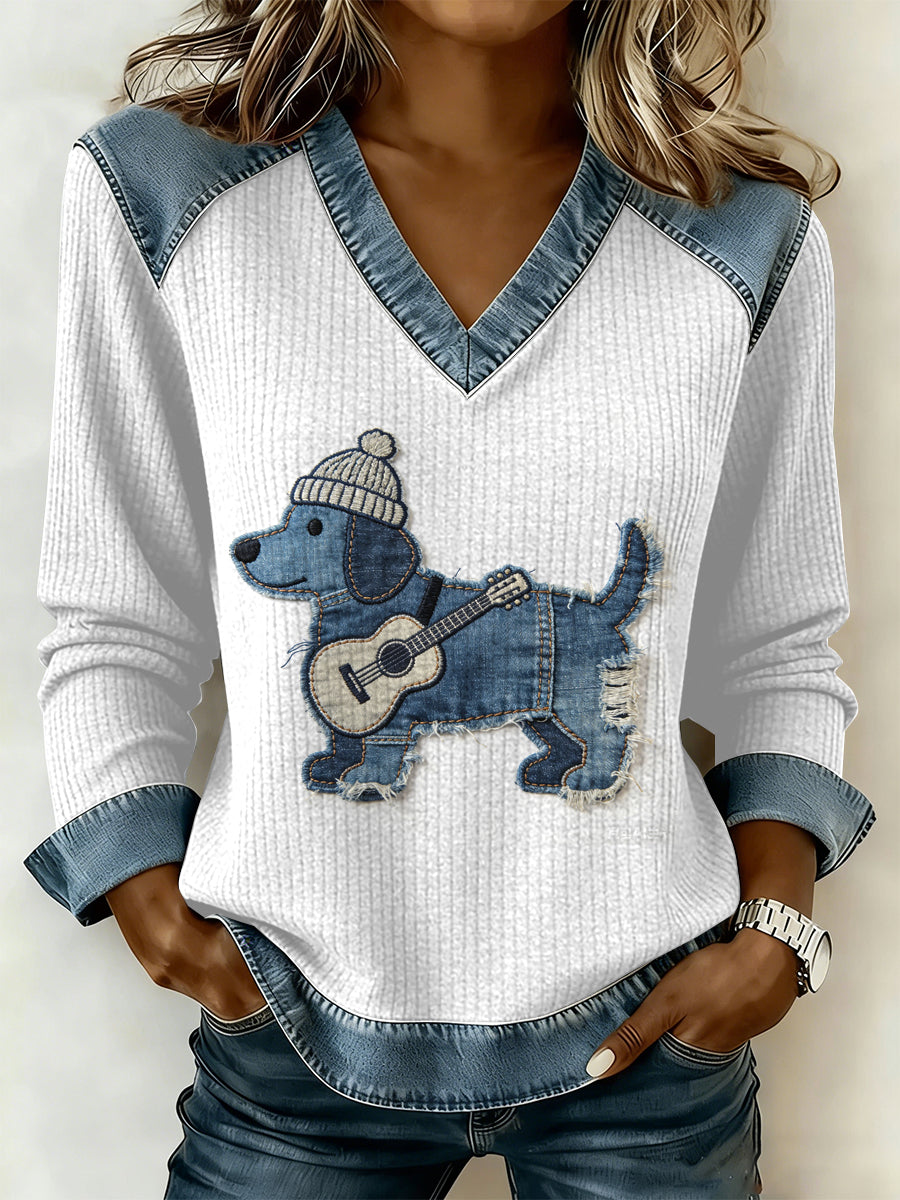 Damska bluza z nadrukiem patchworku w stylu vintage z dekoltem w szpic