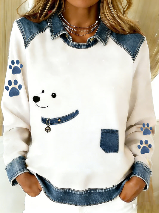 Damski Vintage Denim Patchwork Top z nadrukiem w stylu zwierzęcym, swobodny i wygodny