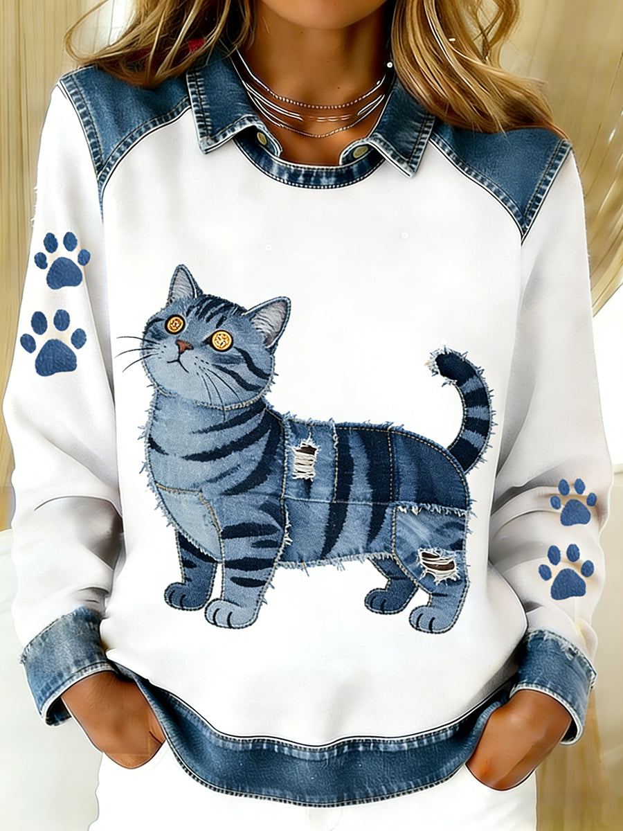 Damski Vintage Denim Patchwork Top z nadrukiem w stylu zwierzęcym, swobodny i wygodny