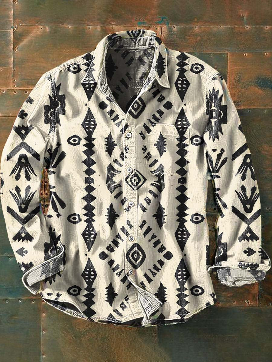 Męska koszula z długim rękawem Western Vintage Print Casual