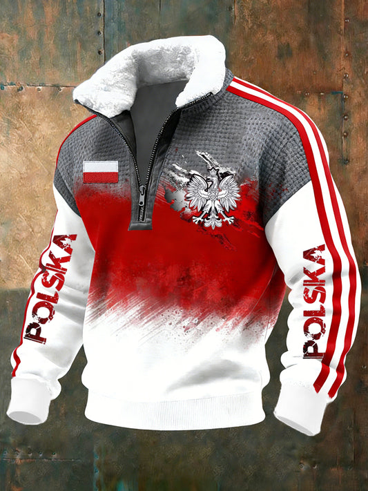 Męska Vintage Polski Art Print Casualowa wygodna gruba kurtka z futrzany kołnierz.