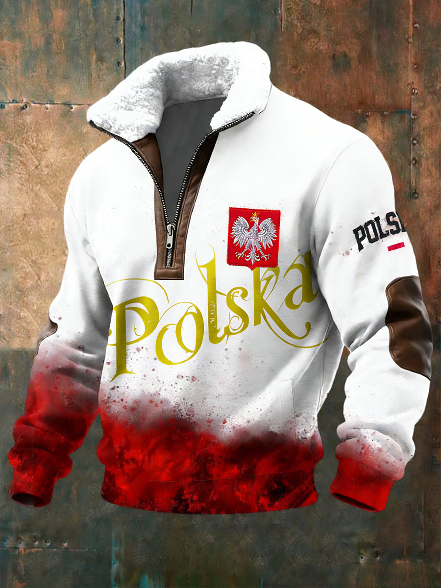 Męska Vintage Polski Art Print Casualowa wygodna gruba kurtka z futrzany kołnierz.