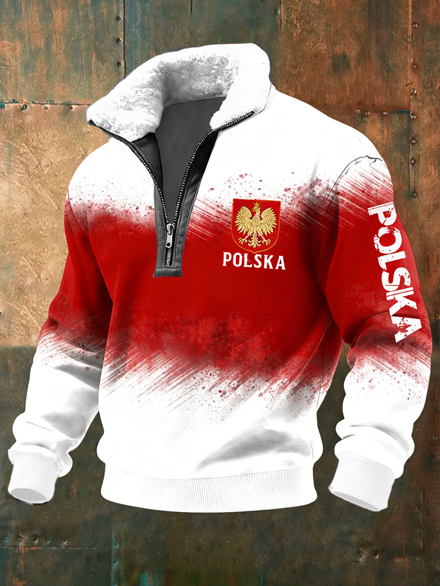 Męska Vintage Polski Art Print Casualowa wygodna gruba kurtka z futrzany kołnierz.