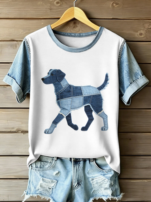 Damska koszulka z krótkim rękawem w stylu retro z nadrukiem patchwork