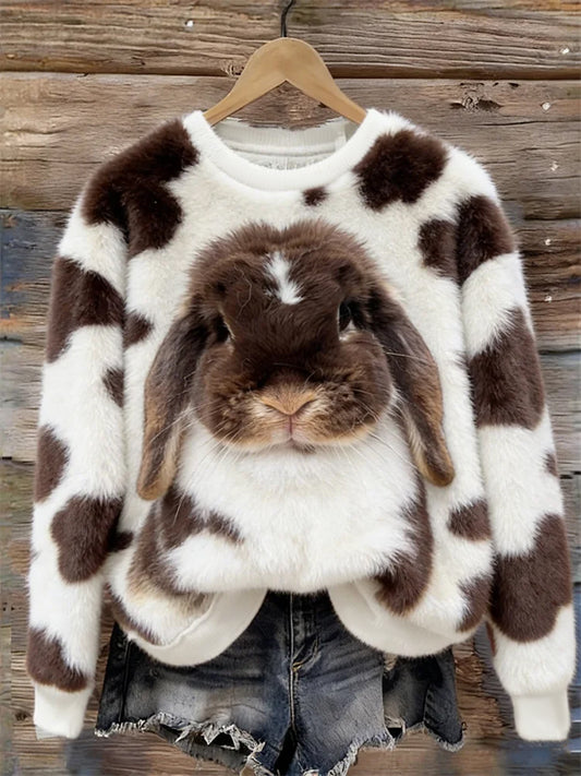 Damska śliczna sztuka króliczka okrągły dekolt Przytulna flanelowa bluza