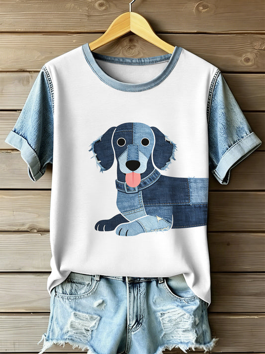 Damska koszulka z krótkim rękawem w stylu retro z nadrukiem patchwork