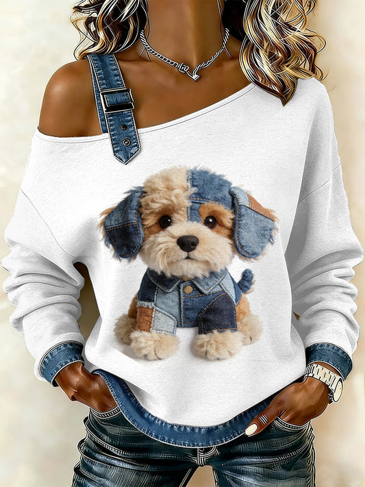 Damska bluza z motywem patchworku dla psa w stylu vintage