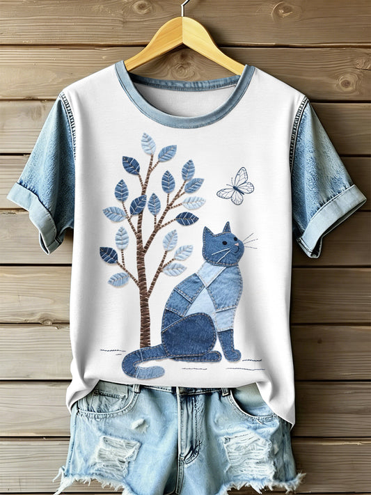 Damska koszulka z krótkim rękawem retro cat patchwork print casual