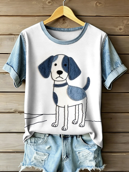 Damska koszulka z krótkim rękawem w stylu retro z nadrukiem patchwork