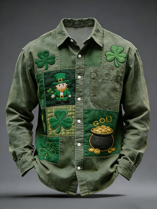 Retro Dzień Świętego Patryka Shamrock Patchwork Casual Shirt