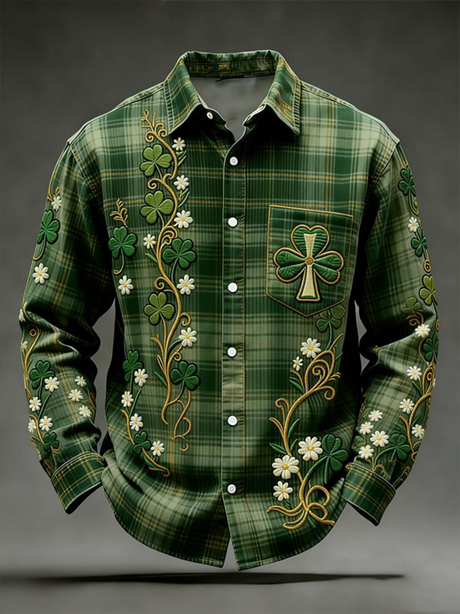 Męska koszulka z długim rękawem Shamrock Print St. Patrick's Day