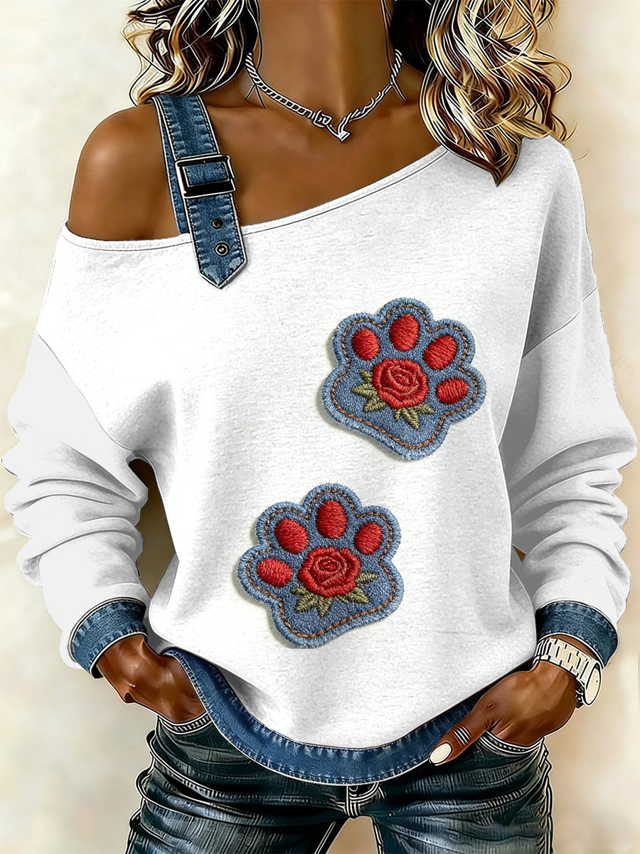 Damska bluza z motywem patchworku w stylu vintage Cat Paw Casual Off-Shoulder