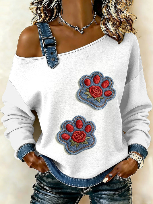 Damska bluza z motywem patchworku w stylu vintage Cat Paw Casual Off-Shoulder