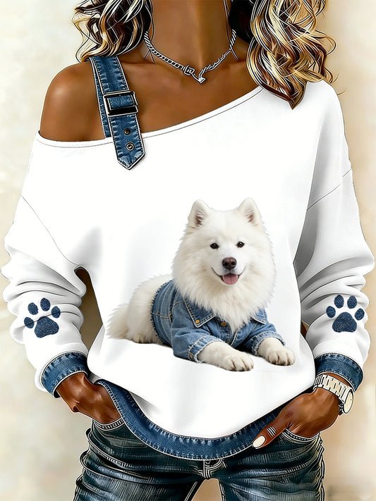 Damski uroczy nadruk zwierzęcy jeansowy patchwork wygodny top