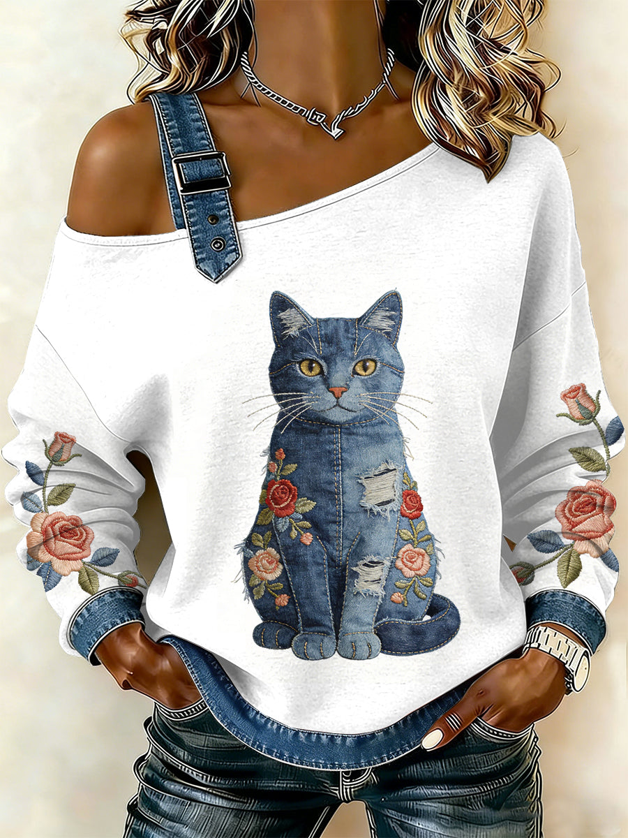 Damska bluza z motywem patchworku w stylu vintage Cat