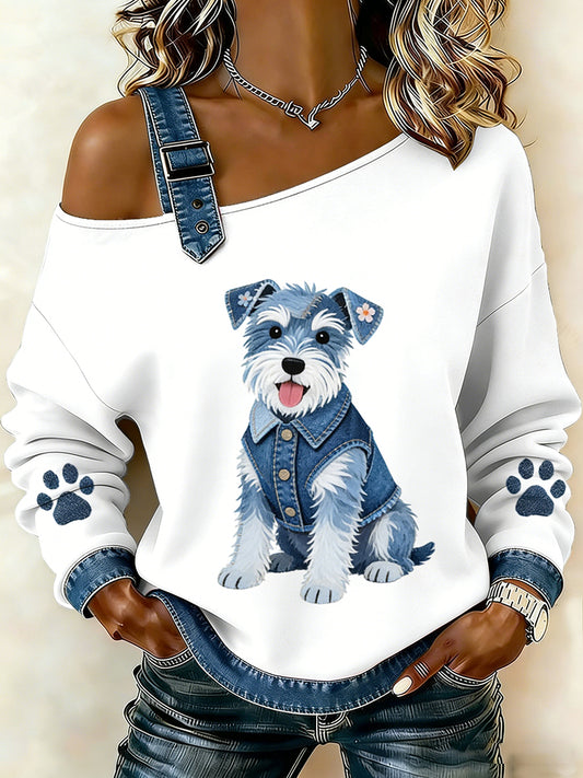 Damski uroczy nadruk zwierzęcy jeansowy patchwork wygodny top