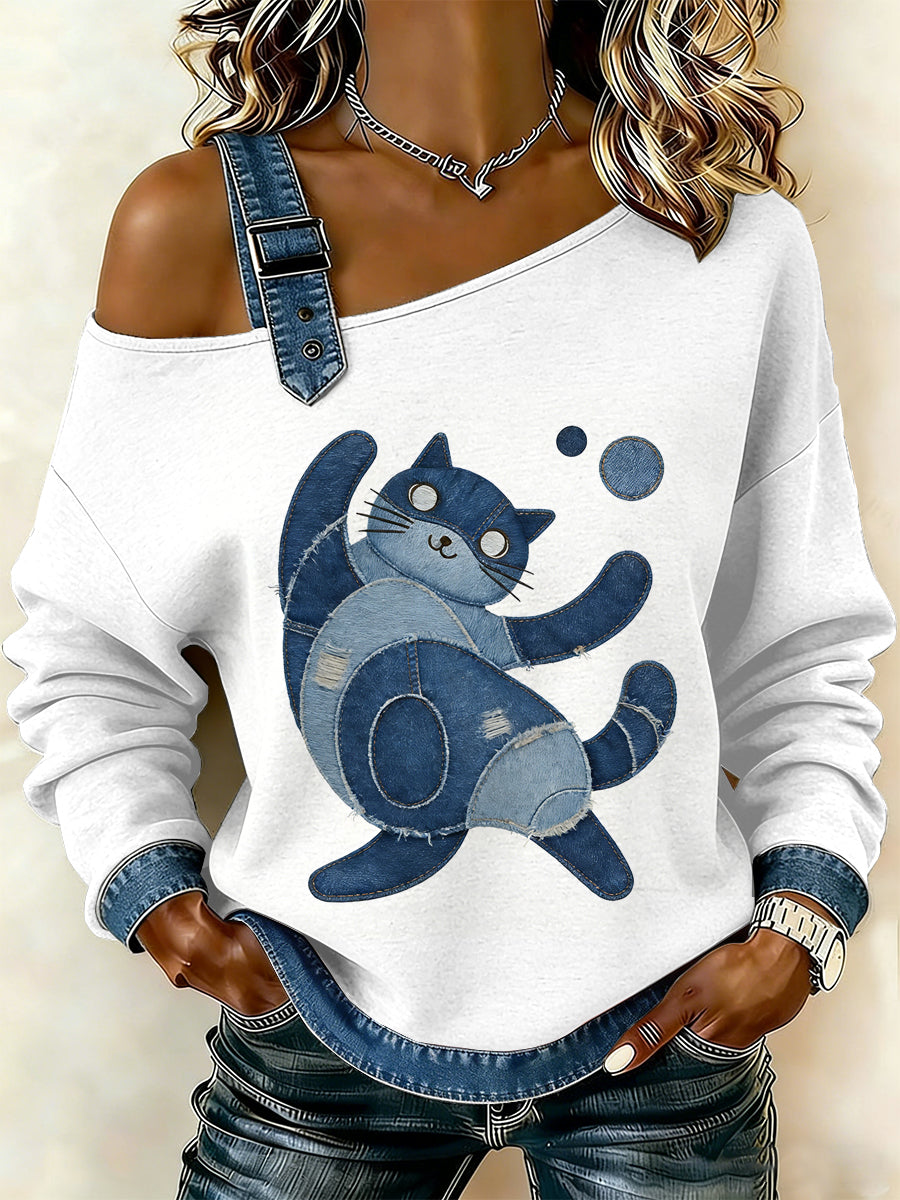 Damska bluza z motywem patchworku w stylu vintage Cat