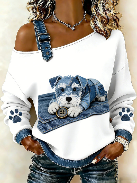 Damski uroczy nadruk zwierzęcy jeansowy patchwork wygodny top
