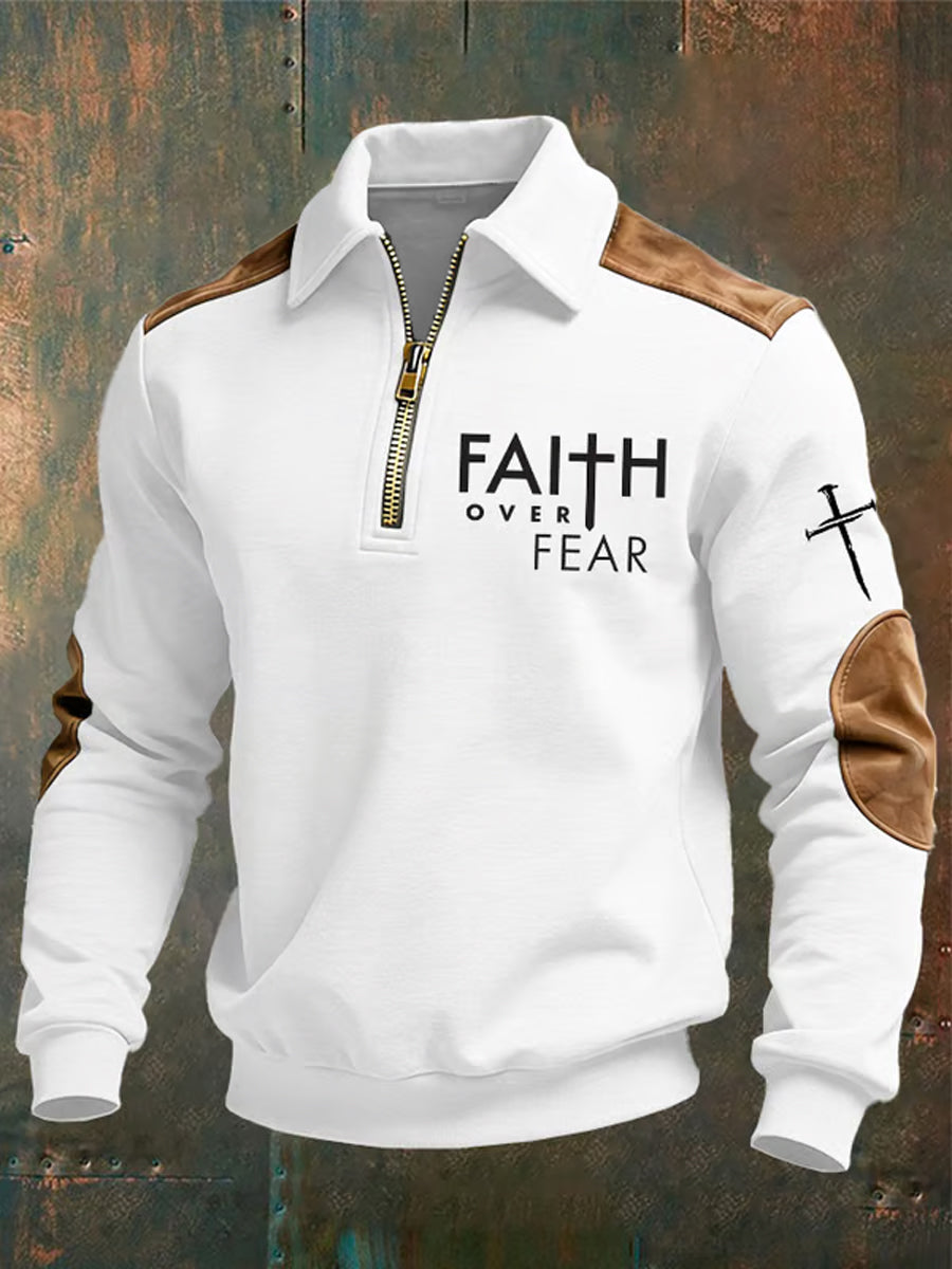 Męska bluza z kołnierzem z napisem „ Christian Faith Over Fear ”z krzyżem i nadrukiem
