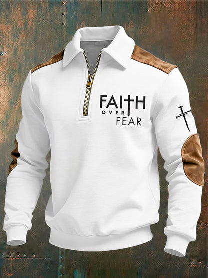 Męska bluza z kołnierzem z napisem „ Christian Faith Over Fear ”z krzyżem i nadrukiem